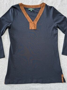 Lauren Ralph Lauren Navy V-Neck Top with Brown Suede Trim